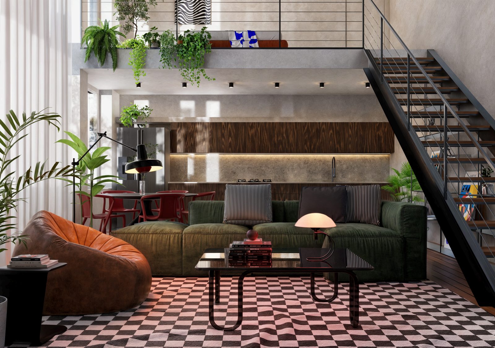 Loft com mezanino, sofá verde e tapete xadrez