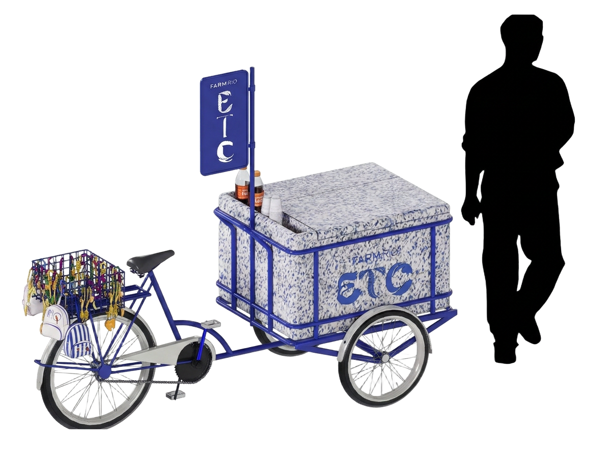 Triciclo expositor da Farm Rio ETC em azul cobalto com tampo de granito