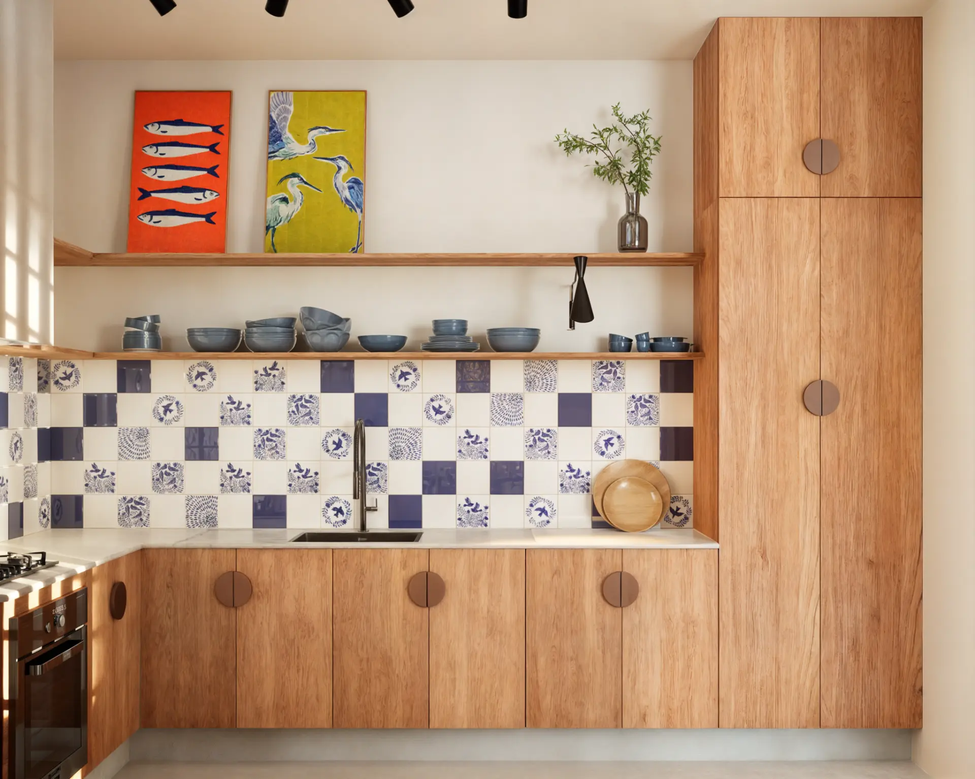 Cozinha com marcenaria em madeira clara e azulejos azuis e brancos
