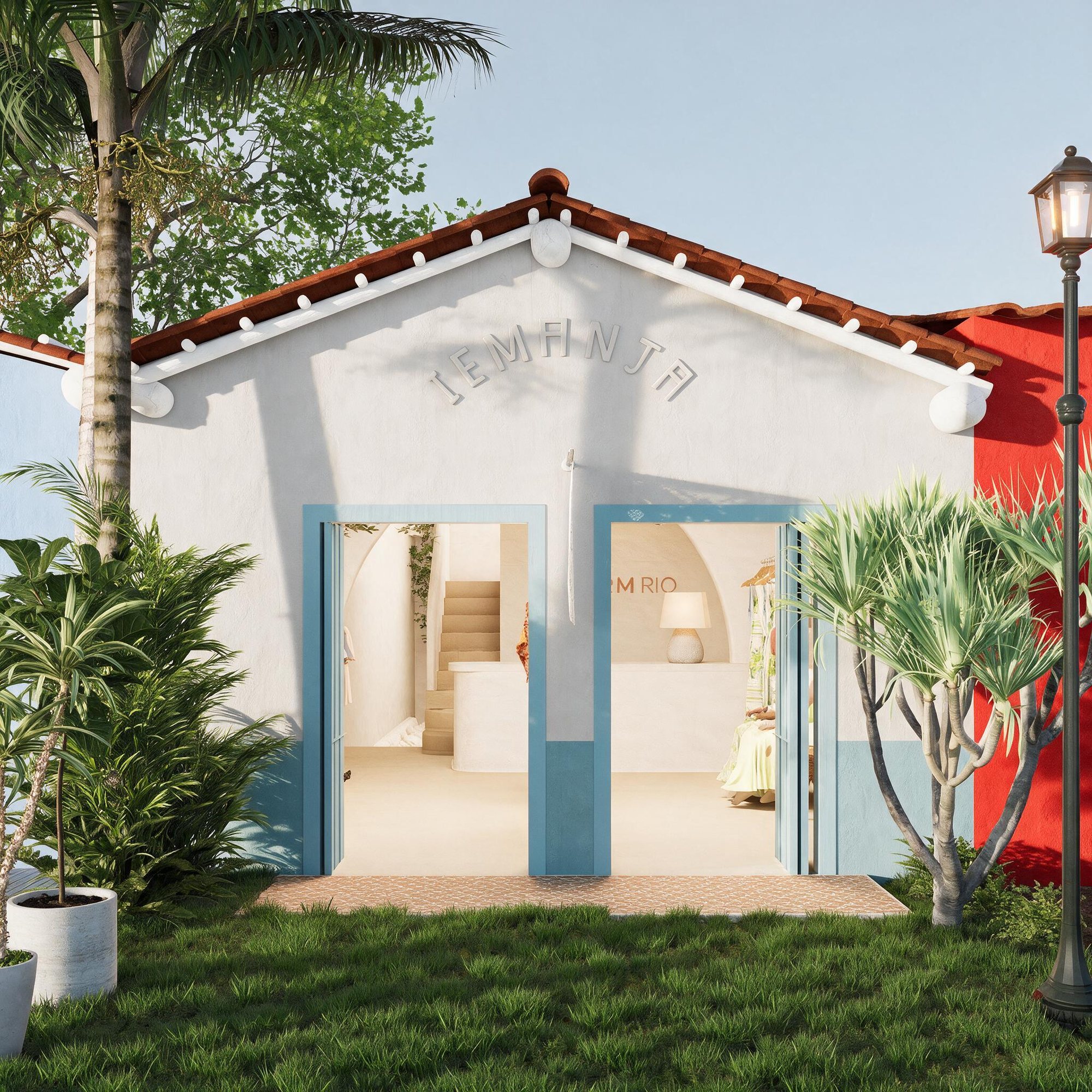 Fachada branca com telhado colonial, portais azuis e vegetação tropical