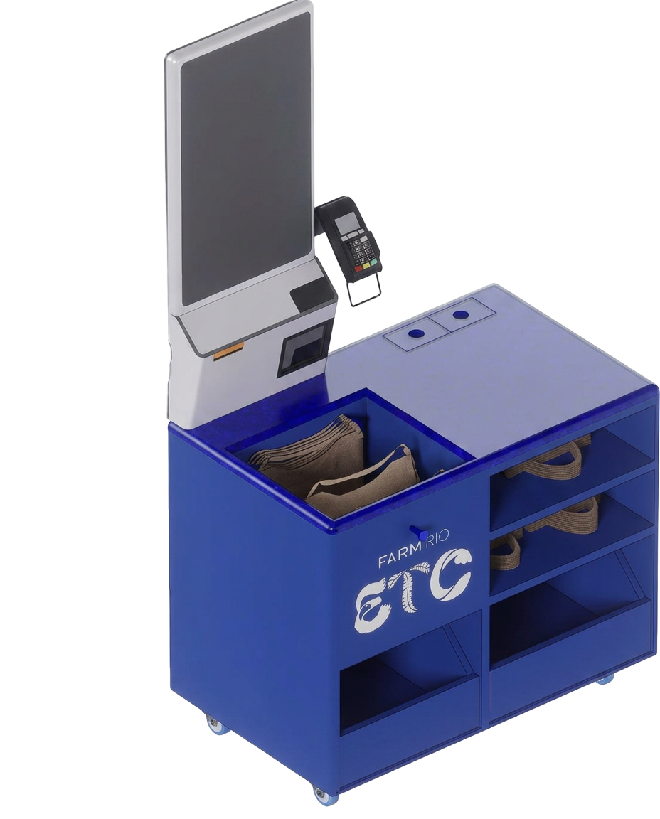 Módulo de self-checkout azul cobalto com totem de tela e nichos inferiores