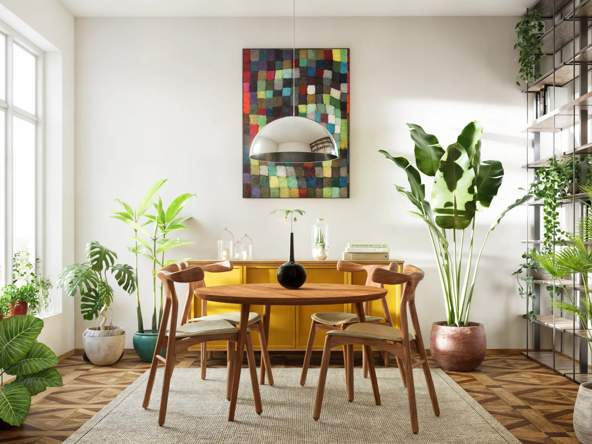 Sala de jantar com mesa redonda de madeira, buffet amarelo e plantas