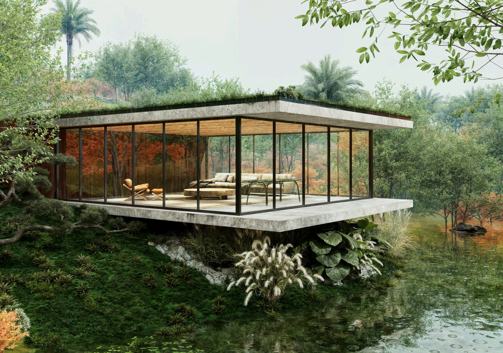 Casa de vidro e concreto sobre lago cercada de mata
