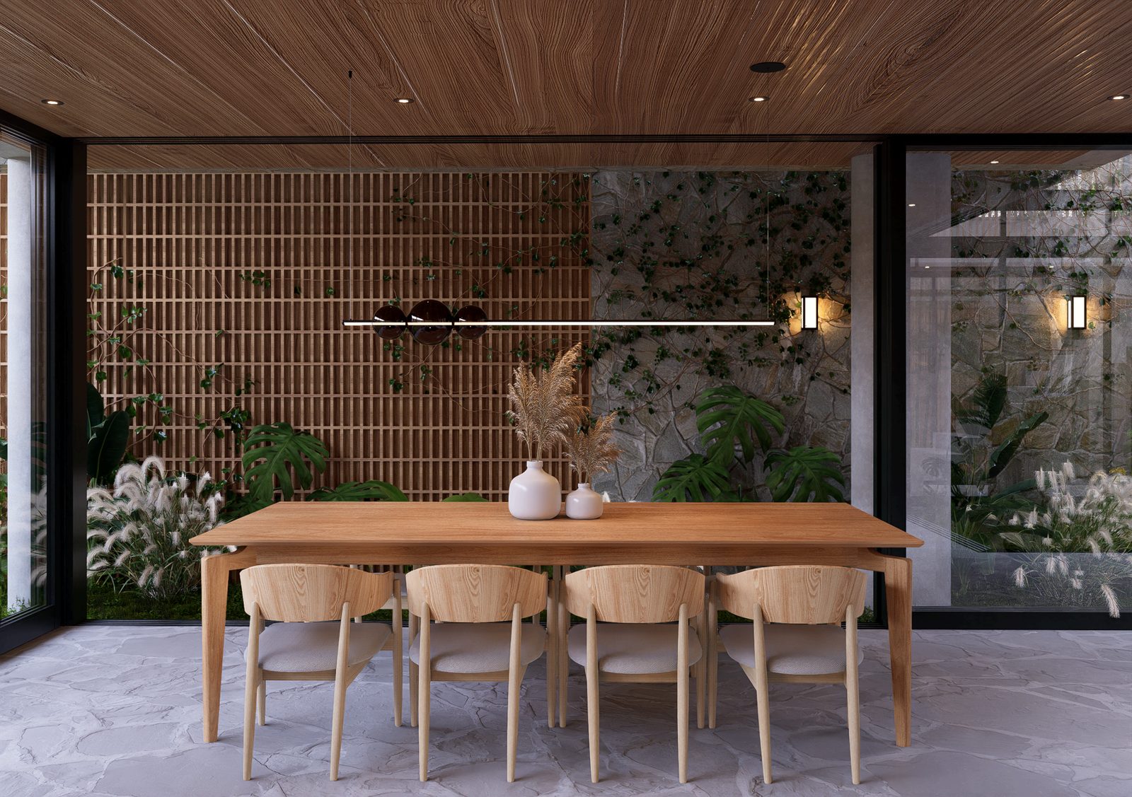 Sala de jantar com mesa de madeira e parede de pedra com trepadeiras
