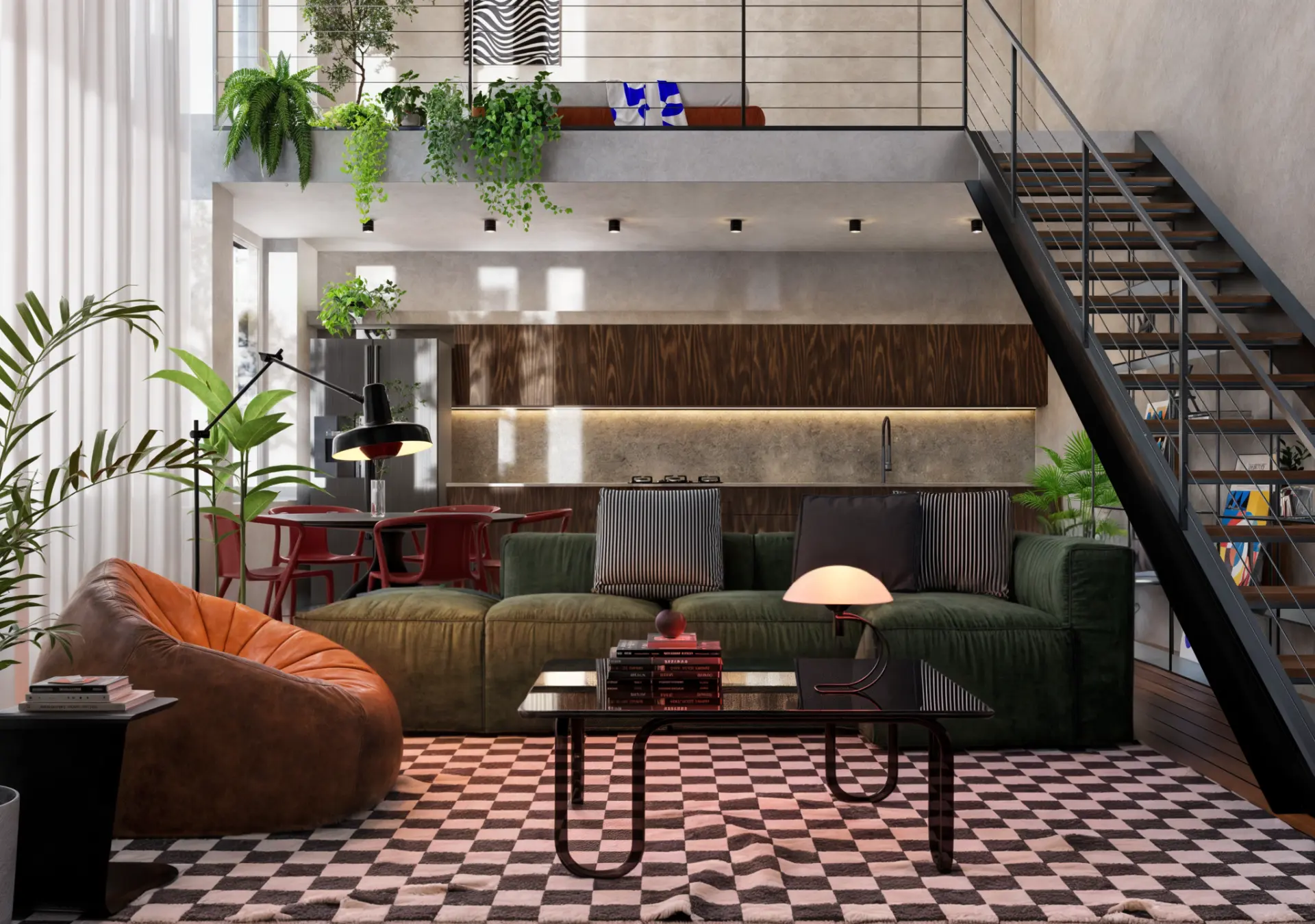 Loft com pé-direito duplo, mezanino e sofá verde